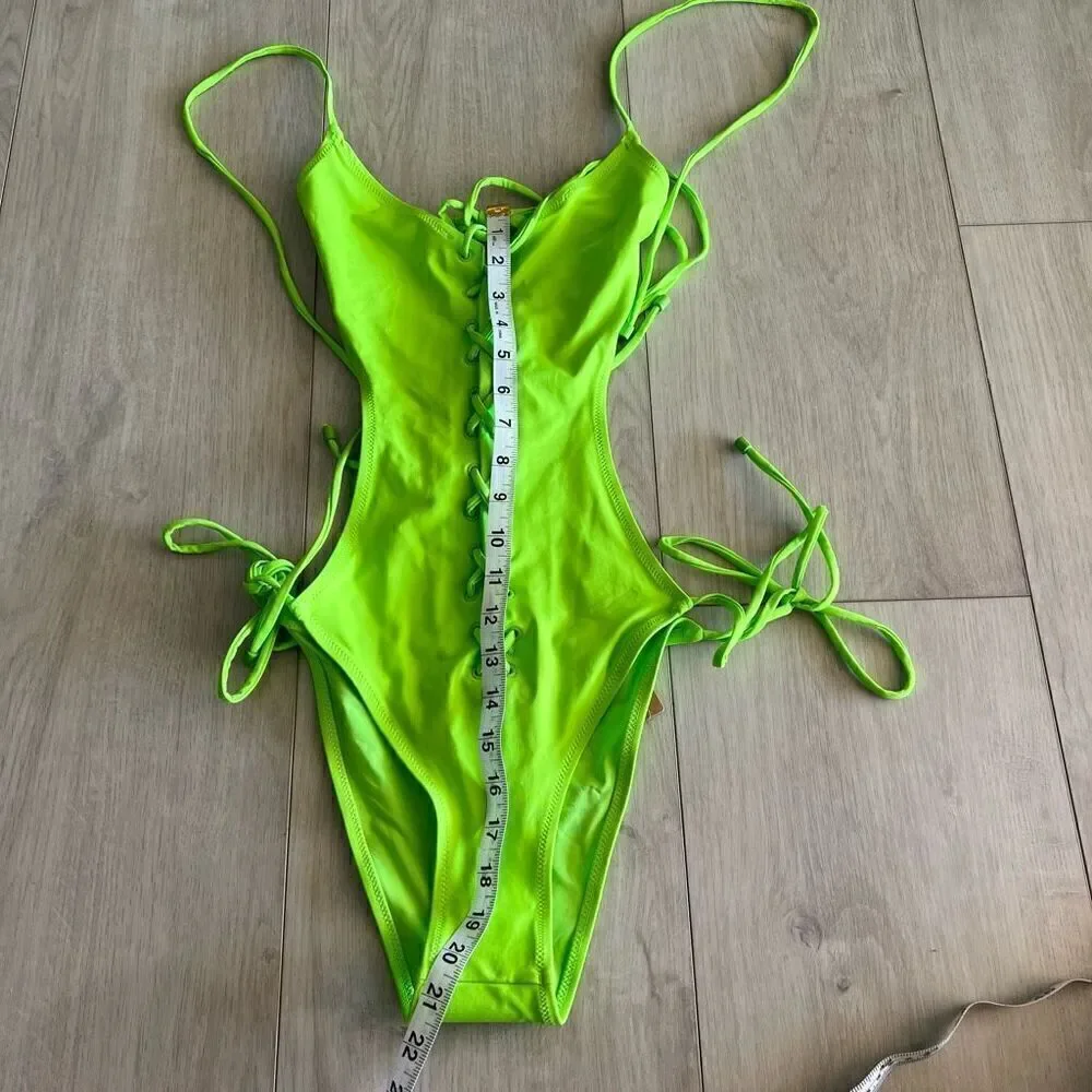 SKIMS Swim Lace Up Monokini Neon Green Sz L